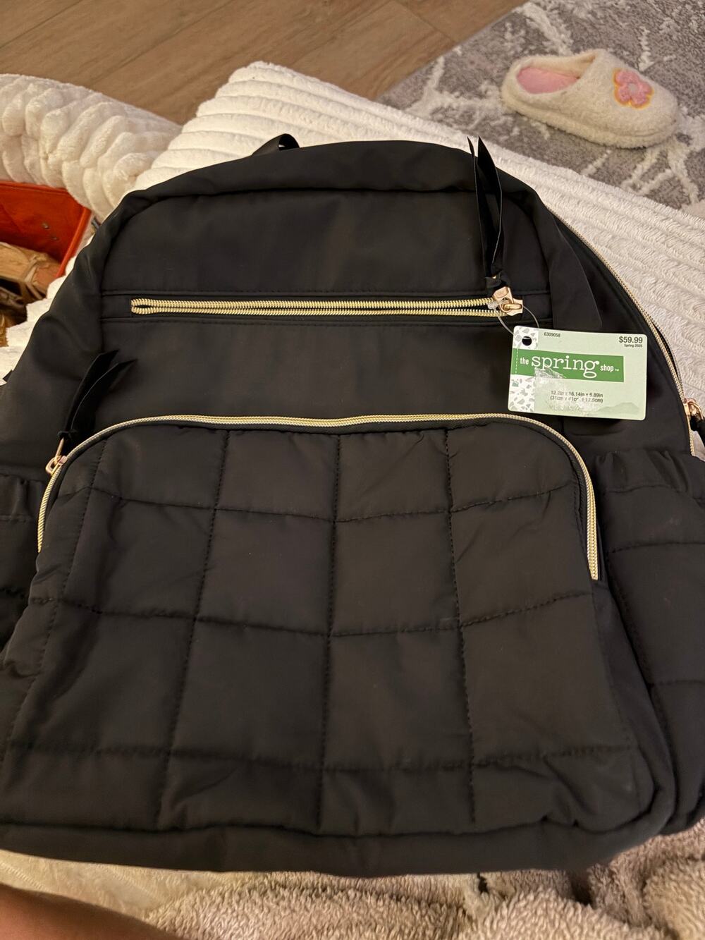 NWT Hobby Lobby The Spring Shop Black Quilted Backpack Gold Hardware Puffer Bag